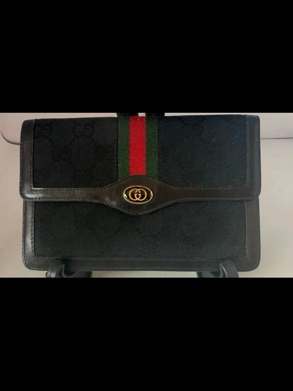 Gucci Black Canvas Clutch with Green and Red Web Stripe